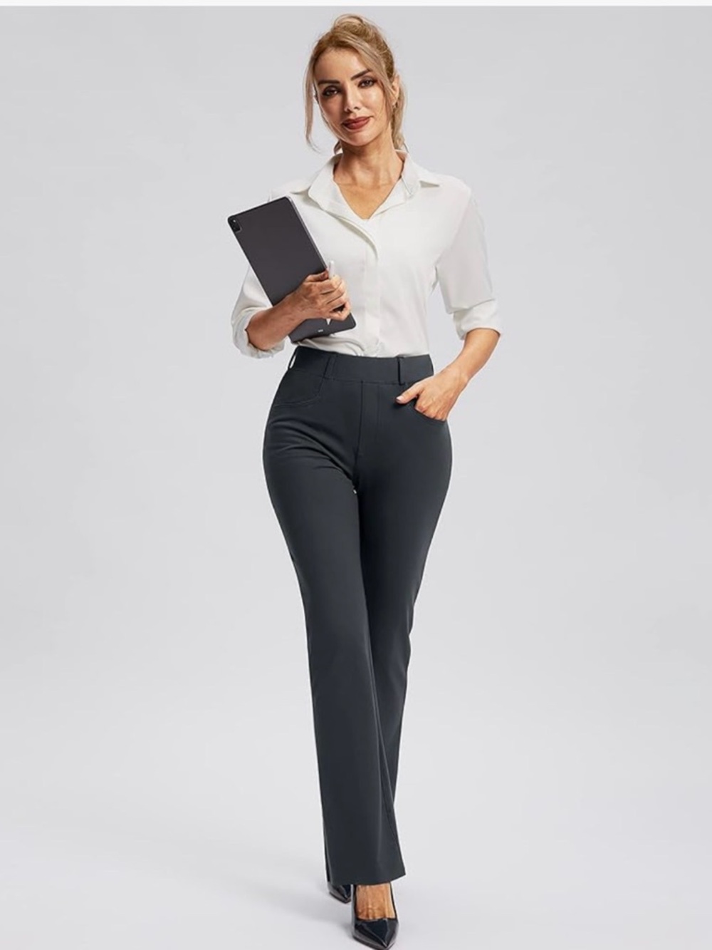 High-Rise Straight-Leg Work Trousers in Charcoal